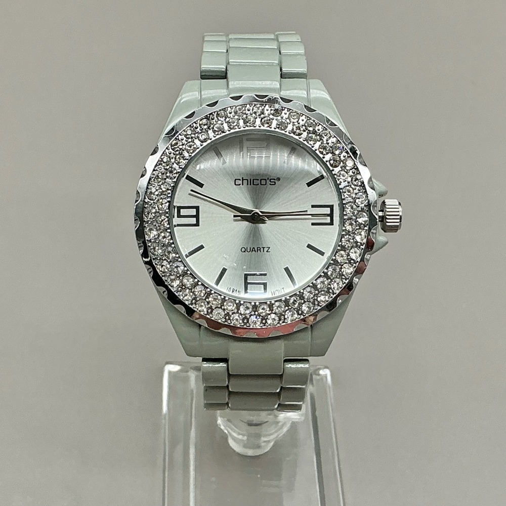Chico's Watch Women Gray Silver Tone Rhinestone Quartz 40mm Bracelet NEW BATTERY